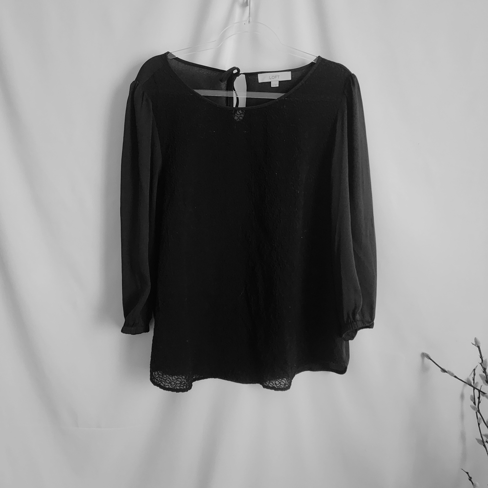 LOFT Black Long Sleeve Lace-Trimmed Blouse